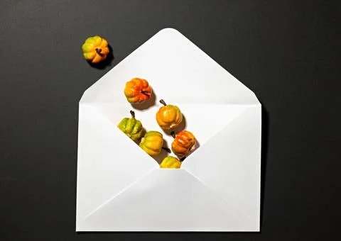 Open white envelope filled with miniature pumpkins for Halloween autumn inv.. Foto stock