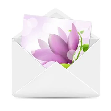 Open white envelope with flowers card Illustrazione stock