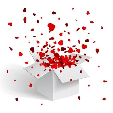 Open white Gift Box and Heart Confetti. Christmas and Valentine Background. V 스톡 일러스트