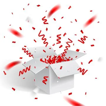 Open white Gift Box and Confetti. Christmas and Valentine Background. Vector  Stock Illustration