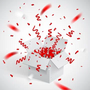 Open white Gift Box and Confetti. Christmas and Valentine Background. Vector  Stock Illustration