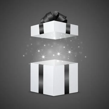Open White Gift Box with Black Ribbon and Magic Light on Dark Background, Vector 스톡 일러스트