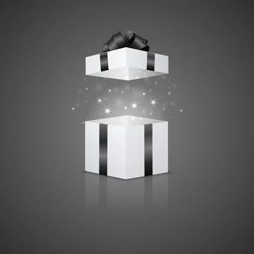Open White Gift Box with Black Ribbon, Magic Light and Reflection on Dark Illustrazione stock