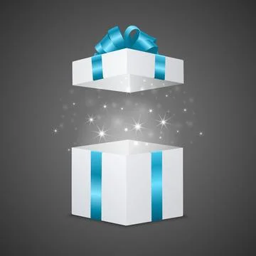 Open White Gift Box with Blue Ribbon and Shining Magic Light, Vector Stock Illustration