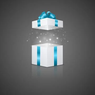Open White Gift Box with Blue Ribbon, Shining Magic Light and Reflection, Vector Stock Illustration