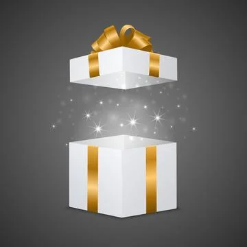 Open White Gift Box with Golden Ribbon and Shiny Magic Light, Vector Stock Illustration