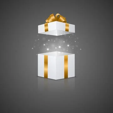 Open White Gift Box with Golden Ribbon, Shiny Magic Light and Reflection, Vector Stock Illustration