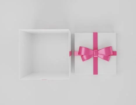 Open white gift box with a pink bow on light background, top view Illustrazione stock