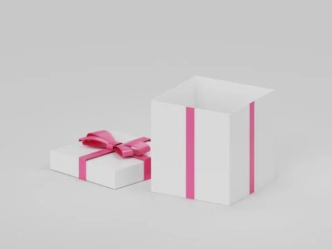 Open white gift box with a pink bow on light background, side view Illustrazione stock