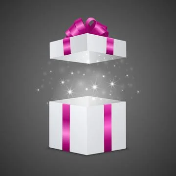 Open White Gift Box with Pink Ribbon and Sparkling Magic Light, Vector Stock Illustration