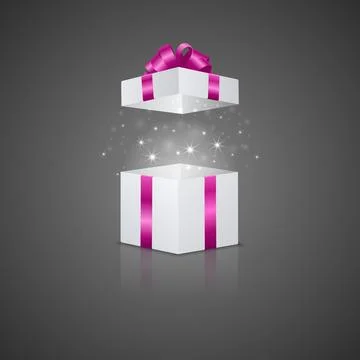 Open White Gift Box with Pink Ribbon, Sparkling Magic Light and Reflection Illustrazione stock