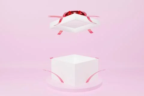 Open white gift box with red ribbon on circle podium on pink background. Surp Stock Illustration