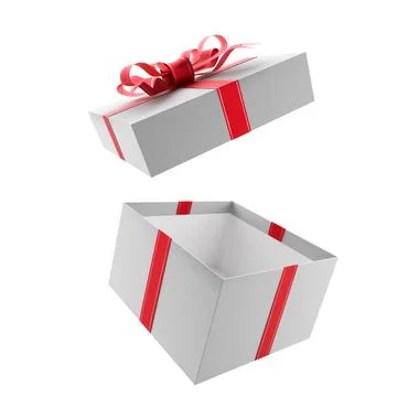 Open white gift box with red bow and ribbons. 3d render. 스톡 일러스트