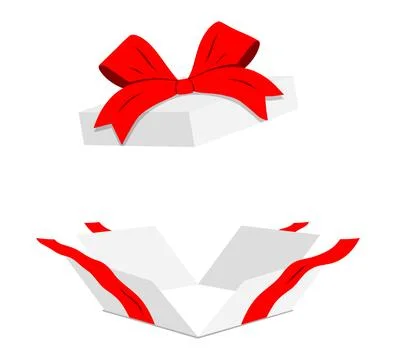 Open white gift box with red ribbon, isolated on background. Flat style vector Stock Illustration