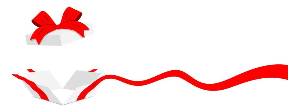 Open white gift box with wavy red ribbon line, isolated on background. Flat Stockillustratie
