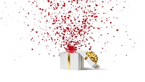 Open white holiday gift box with gold bow and with flow red and pink hearts Stock Footage 85056708