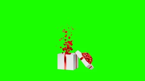 Open white holiday gift box with red bow and with flow red hearts. Valentines Stock Footage 85058235