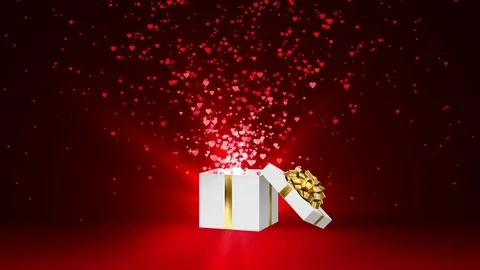 Open white holiday gift box with gold bow and with flow red and pink hearts Stock Footage 85059051