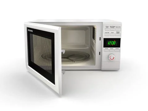 Open white microwave on white background. 3d Stock Illustration