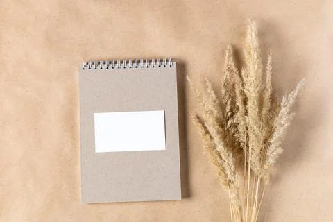 Open white paper empty blank of notepad for mock up with dried spikelets de.. Stock Photos