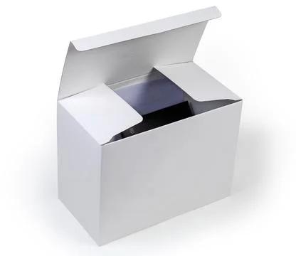 Open white rectangular cardboard packing box on a white surface Stock Photos