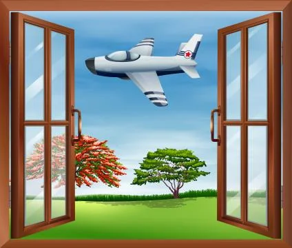 An open window with an airplane outside Ilustración de archivo