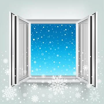 Open window and falling snow Stock Illustration