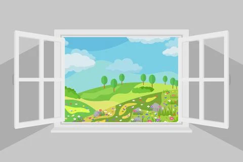 Open window with beautiful summer landscape Ilustración de archivo