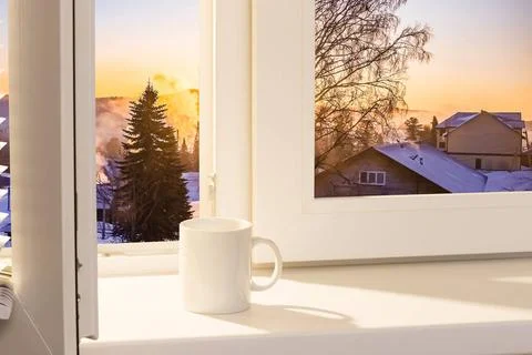 Open window with a cup on the windowsill. Open Window Cup Sill Morning Sun... Fotos Stock