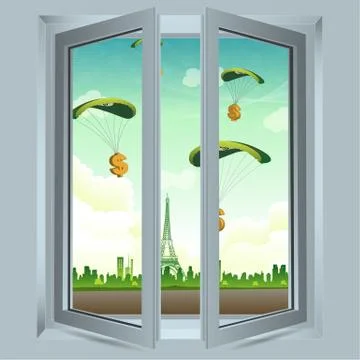 Open window with dollar parachute Illustrazione stock