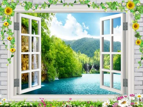 Open window, flowers on the windowsill, view of the lake, waterfalls and hills Stock Illustration