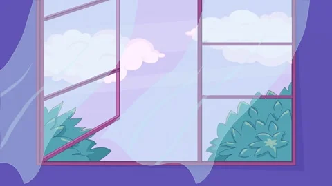 Open window with flowing curtains and lush green plants animated background Stock Footage 345809420