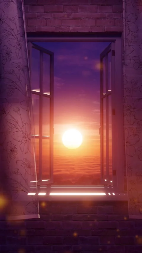 Open window with fluttering curtains, beautiful pink sunrise sunset Stock Footage 302526280
