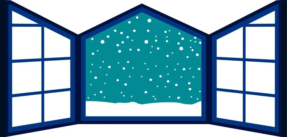 Open window frame with falling snow Ilustración de archivo