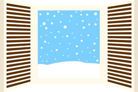 Open window frame with falling snow Ilustración de archivo