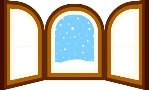 Open window frame with falling snow Ilustración de archivo