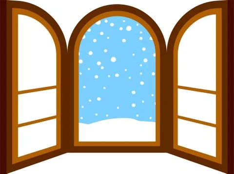 Open window frame with falling snow Ilustración de archivo