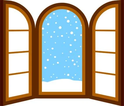 Open window frame with falling snow Ilustración de archivo