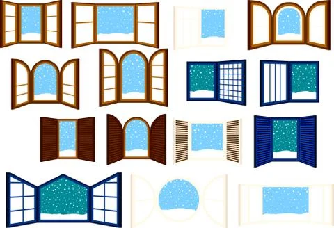 Open window frame with falling snow set Ilustración de archivo