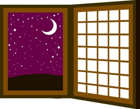 Open window frame at mid night Ilustración de archivo