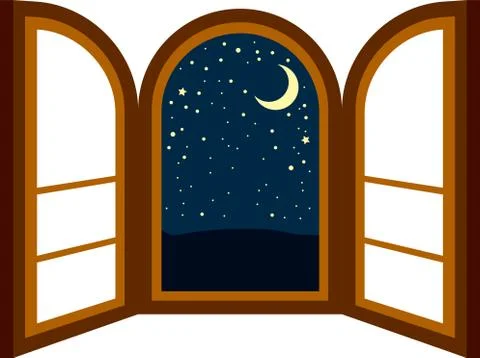 Open window frame at night Ilustración de archivo