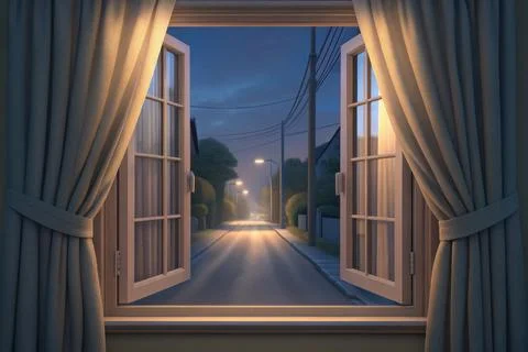 An open window framing a peaceful night view of a quiet residential street .. Stock Illustration