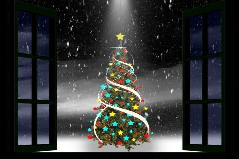 Open window. In front of the window is the Christmas tree. Stock Illustration