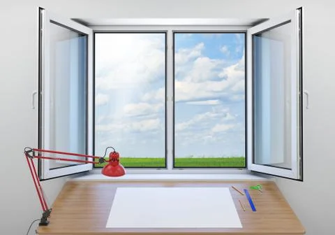 Open window. Green meadow on background. In room are located wooden table with p 스톡 일러스트