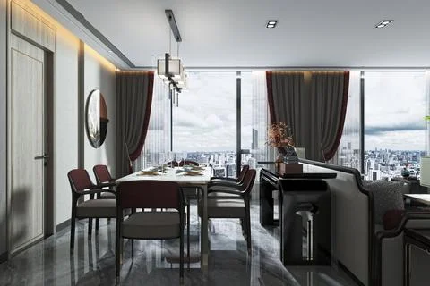 Open window for a home which have daylight and saving energy dining table a.. Illustrazione stock