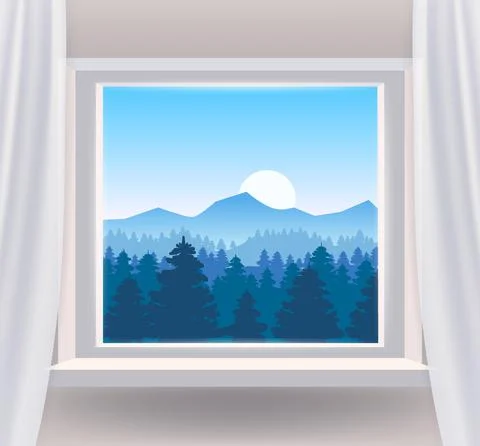 Open window interior home with a forest landscape view nature. Country mountains Stock Illustration