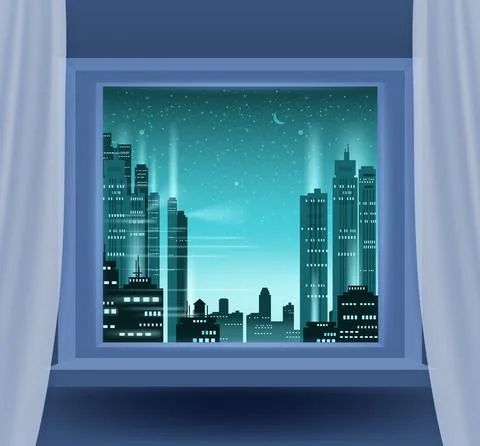 Open window interior home with a night cityscape, city view, street skyscrapers Stock Illustration