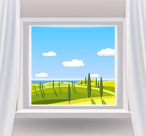 Open window interior home with a rural landscape view nature. Country spring Illustrazione stock