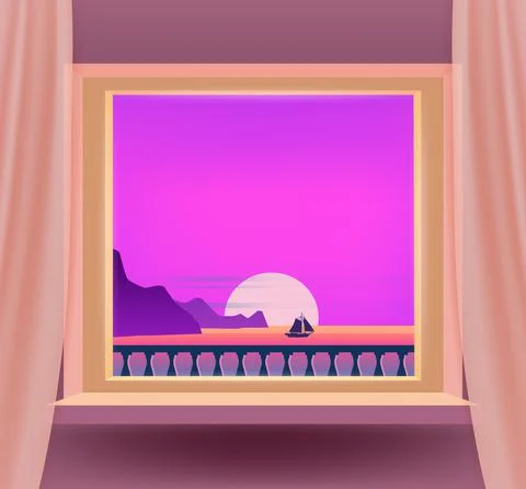 Open window interior home with a sunset sea ocean landscape, seascape view Stock Illustration