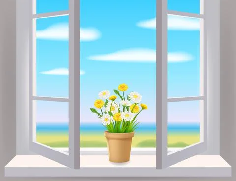 Open window in interior, view on landscape, spring, flower pot with flowers Illustrazione stock